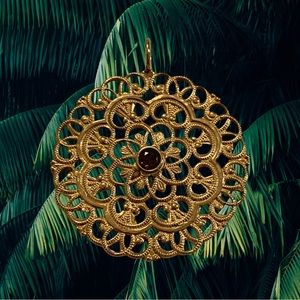 14K Bezel Set Garnet Ornate Design Medallion Pendant